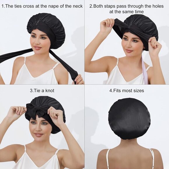 Silk Bonnet Women Double Layer Sleep Cap Ties Hair Wrap for Long Hair main image 6